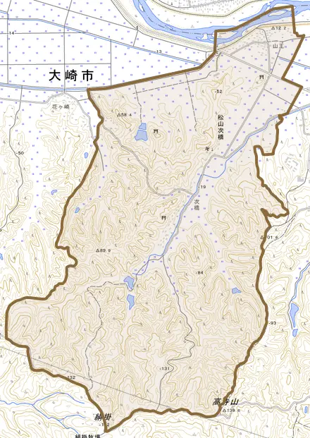 松山次橋とその周辺の地図。町の範囲を重ねている