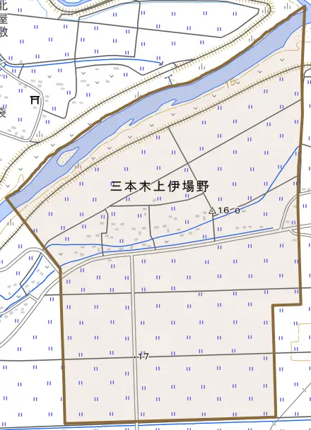 三本木上伊場野とその周辺の地図。町の範囲を重ねている
