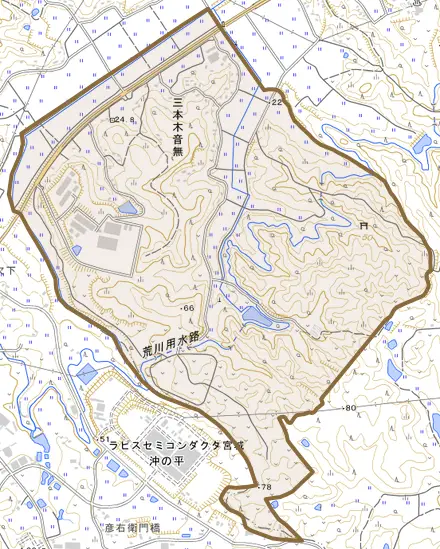 三本木音無とその周辺の地図。町の範囲を重ねている