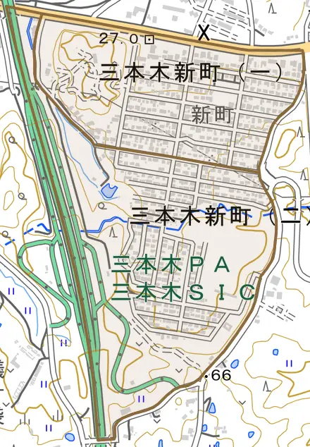 三本木新町とその周辺の地図。町の範囲を重ねている