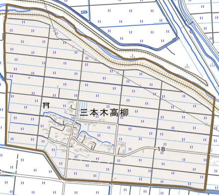 三本木高柳とその周辺の地図。町の範囲を重ねている