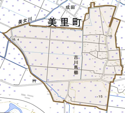 古川馬櫛とその周辺の地図。町の範囲を重ねている