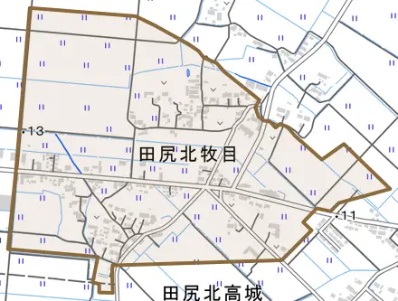 田尻北牧目とその周辺の地図。町の範囲を重ねている