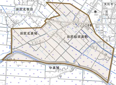 田尻沼部とその周辺の地図。町の範囲を重ねている