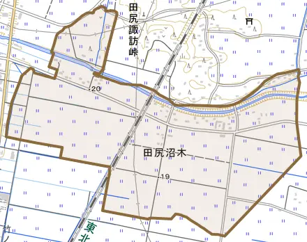 田尻沼木とその周辺の地図。町の範囲を重ねている