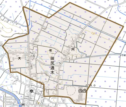 田尻通木とその周辺の地図。町の範囲を重ねている