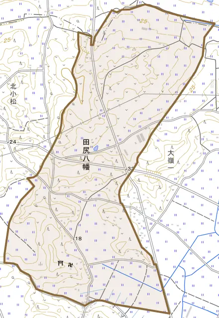 田尻八幡とその周辺の地図。町の範囲を重ねている