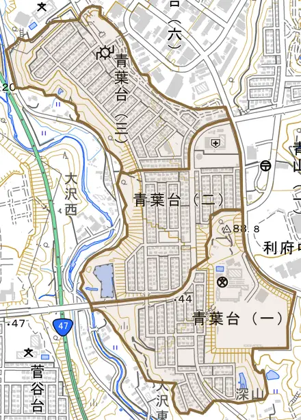 青葉台とその周辺の地図。町の範囲を重ねている