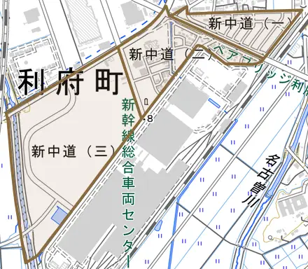 新中道とその周辺の地図。町の範囲を重ねている