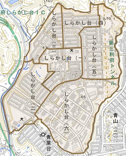 しらかし台とその周辺の地図。町の範囲を重ねている