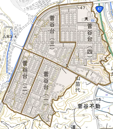 菅谷台とその周辺の地図。町の範囲を重ねている