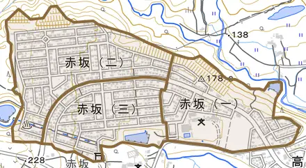 赤坂とその周辺の地図。町の範囲を重ねている