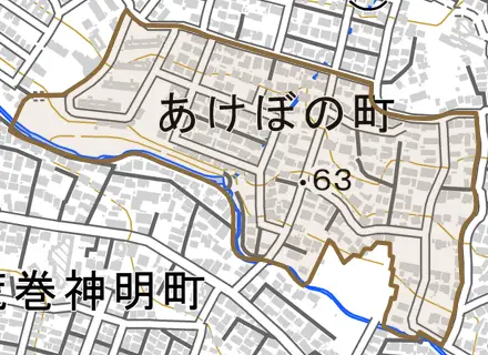 あけぼの町とその周辺の地図。町の範囲を重ねている