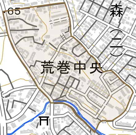 荒巻中央とその周辺の地図。町の範囲を重ねている