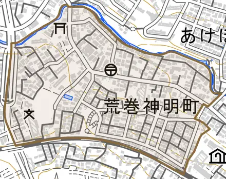 荒巻神明町とその周辺の地図。町の範囲を重ねている