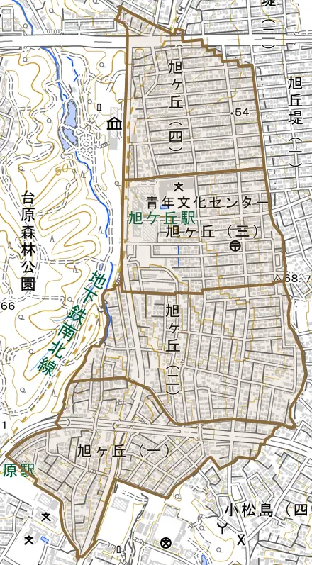 旭ケ丘とその周辺の地図。町の範囲を重ねている