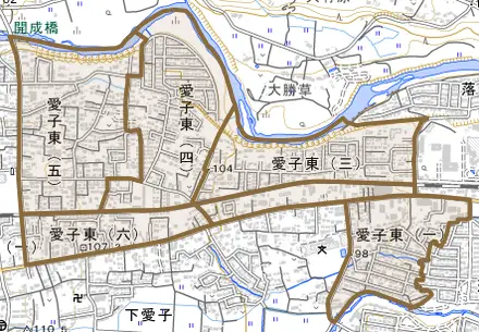 愛子東とその周辺の地図。町の範囲を重ねている