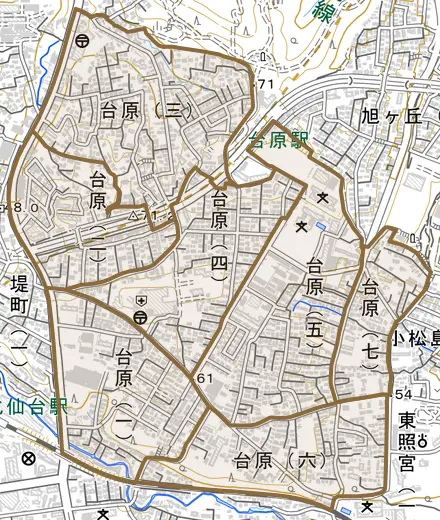 台原とその周辺の地図。町の範囲を重ねている