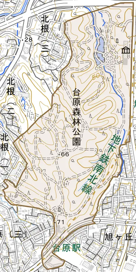 台原森林公園とその周辺の地図。町の範囲を重ねている