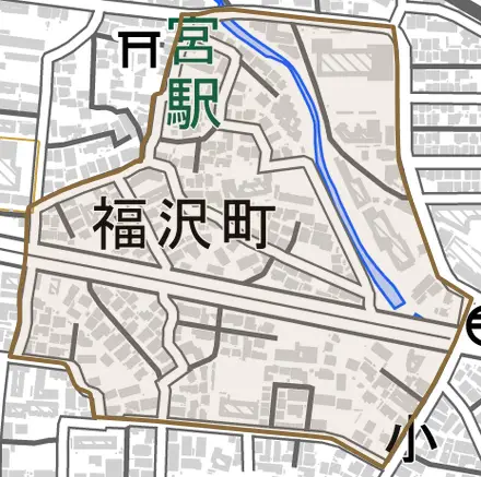 福沢町とその周辺の地図。町の範囲を重ねている