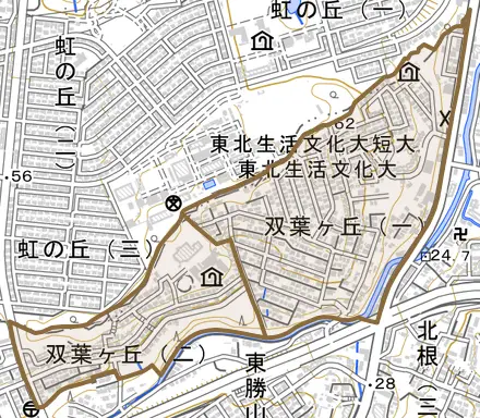双葉ケ丘とその周辺の地図。町の範囲を重ねている