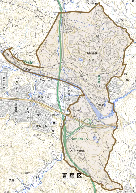 郷六とその周辺の地図。町の範囲を重ねている