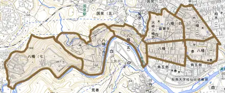 八幡とその周辺の地図。町の範囲を重ねている