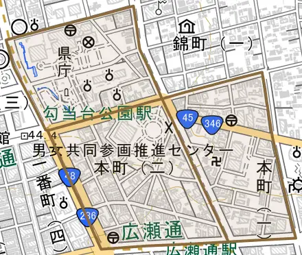 本町とその周辺の地図。町の範囲を重ねている