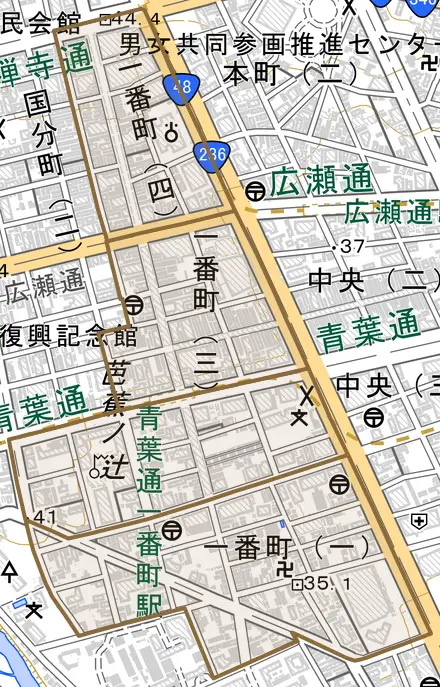 一番町とその周辺の地図。町の範囲を重ねている