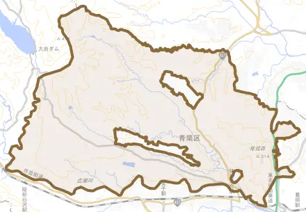 芋沢とその周辺の地図。町の範囲を重ねている