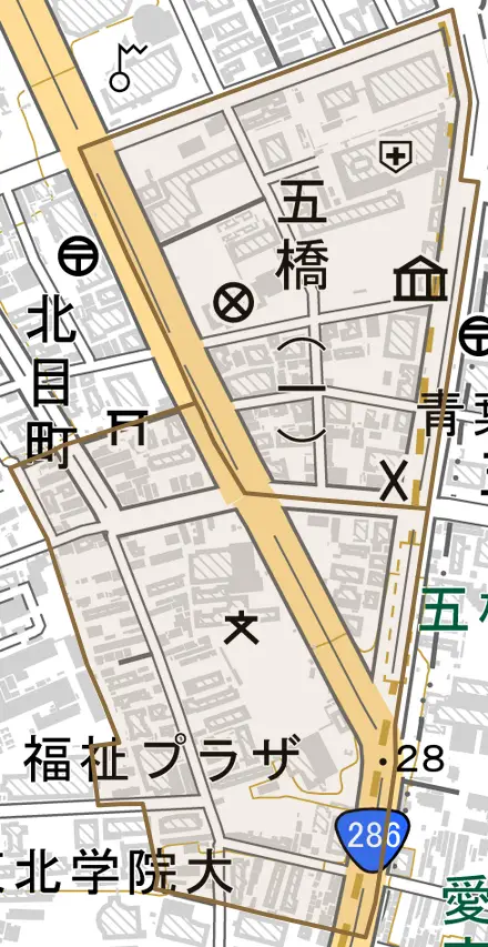 五橋とその周辺の地図。町の範囲を重ねている