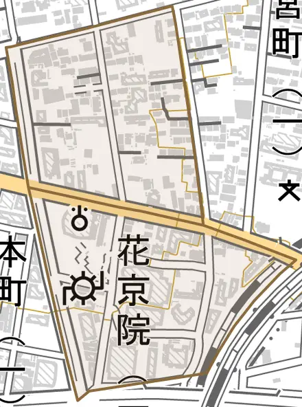 花京院とその周辺の地図。町の範囲を重ねている