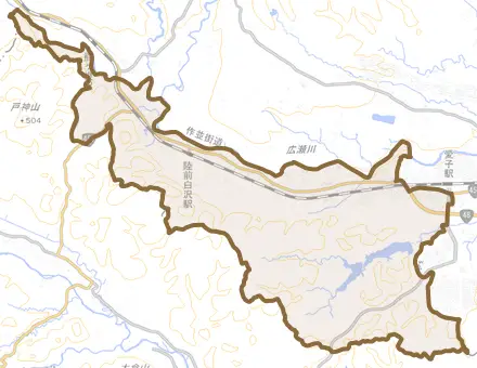上愛子とその周辺の地図。町の範囲を重ねている