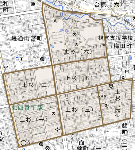 上杉とその周辺の地図。町の範囲を重ねている