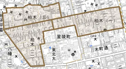柏木とその周辺の地図。町の範囲を重ねている