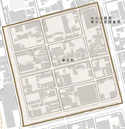 春日町とその周辺の地図。町の範囲を重ねている