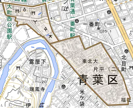 片平とその周辺の地図。町の範囲を重ねている