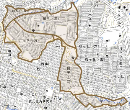 川平とその周辺の地図。町の範囲を重ねている