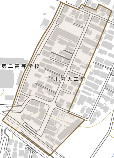 川内大工町とその周辺の地図。町の範囲を重ねている