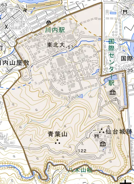 川内とその周辺の地図。町の範囲を重ねている