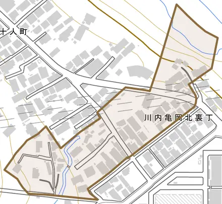 川内亀岡北裏丁とその周辺の地図。町の範囲を重ねている
