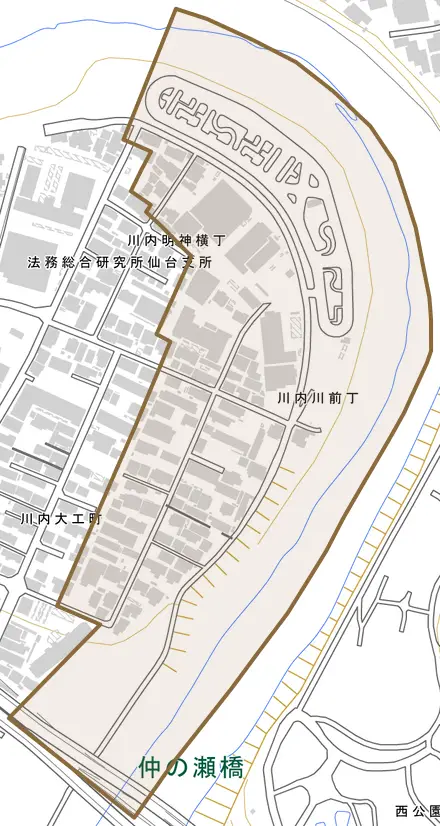 川内川前丁とその周辺の地図。町の範囲を重ねている