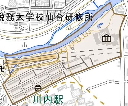 川内元支倉とその周辺の地図。町の範囲を重ねている