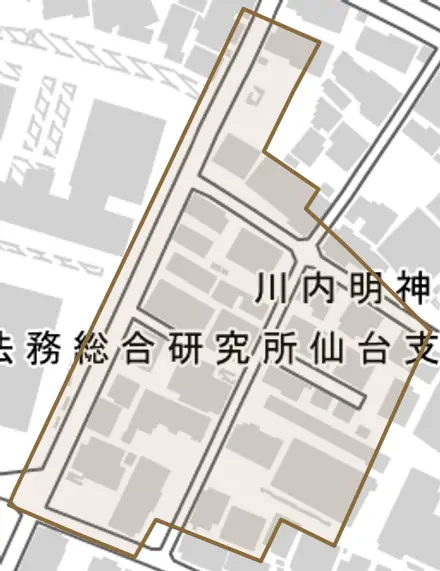 川内明神横丁とその周辺の地図。町の範囲を重ねている