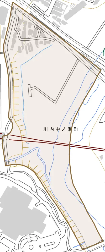 川内中ノ瀬町とその周辺の地図。町の範囲を重ねている
