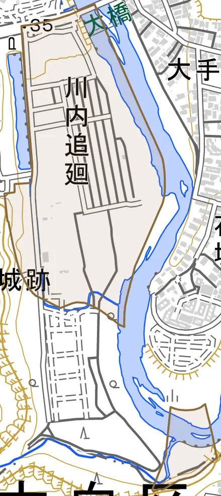 川内追廻とその周辺の地図。町の範囲を重ねている