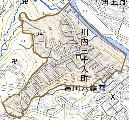 川内三十人町とその周辺の地図。町の範囲を重ねている