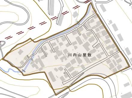 川内山屋敷とその周辺の地図。町の範囲を重ねている