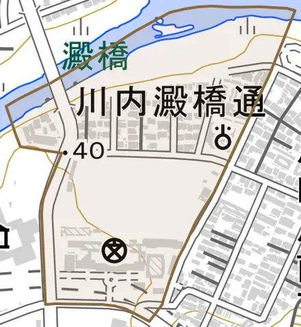 川内澱橋通とその周辺の地図。町の範囲を重ねている