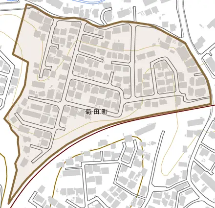 菊田町とその周辺の地図。町の範囲を重ねている